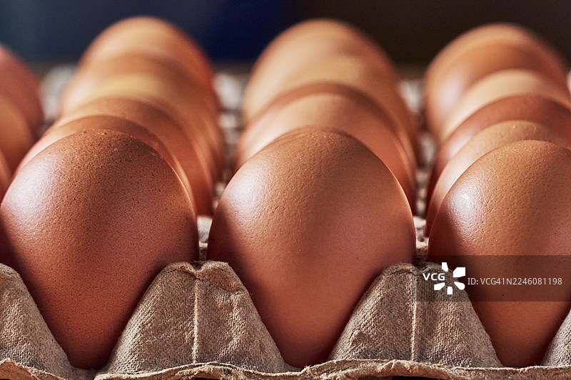 纸质蛋盒里排列的棕色鸡蛋特写图片素材