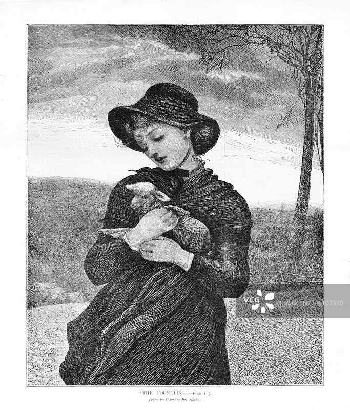 年轻女子抱着一只羔羊 - 1879图片素材