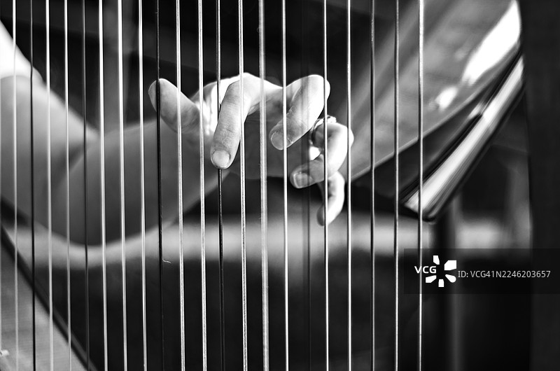 一位音乐家的手在优雅地拨动竖琴的琴弦，特写镜头以浅景深聚焦于鲜艳的红白琴弦。这张图片传达了演奏这件古典乐器的艺术性和细腻的触感。图片素材