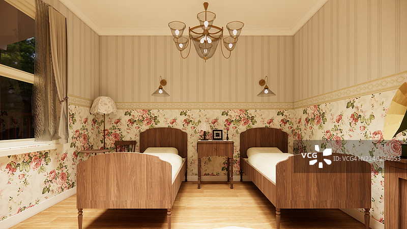 复古风格的大型酒店套房卧室3D渲染图图片素材