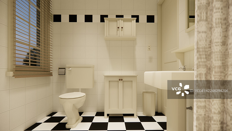 老式公寓浴室室内3D渲染。图片素材