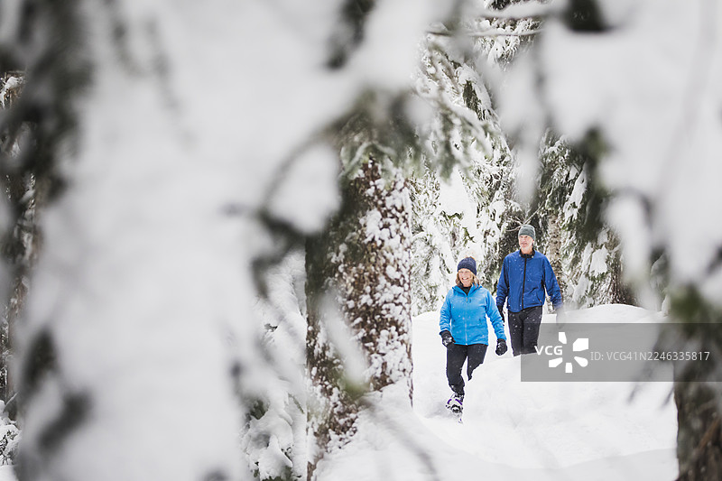 成熟夫妇在惠斯勒的深雪森林中穿着雪鞋徒步图片素材