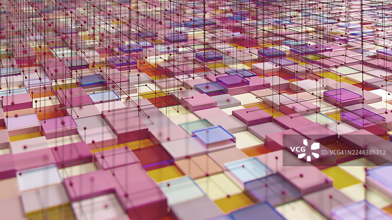 彩色玻璃盒网格：彩色方块与网络线条的抽象构图图片素材