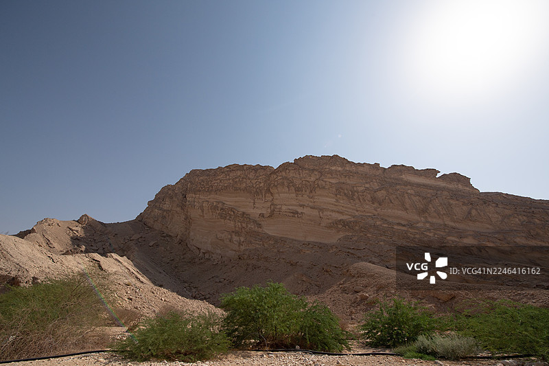 晴朗无云的天空下，雄伟的沙漠山脉，前景中有稀疏的绿色植被，阿联酋艾因，杰贝勒哈菲特图片素材