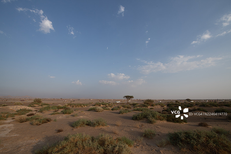 广阔的沙漠景观，天空湛蓝，点缀着零星的云彩和稀疏的植被，阿联酋艾因，杰贝勒哈菲特图片素材