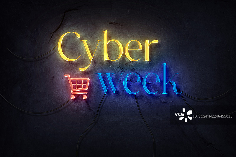 霓虹灯招牌宣传“网络周”，安装在深色、纹理感的石头或混凝土墙上。图片素材