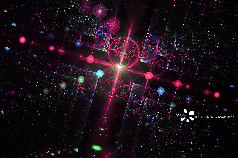 未来派分形网格，带有发光球体和光爆背景。复杂数字分形设计，带有发光球体、交叉线和黑暗宇宙背景上的辐射星状中心。图片素材