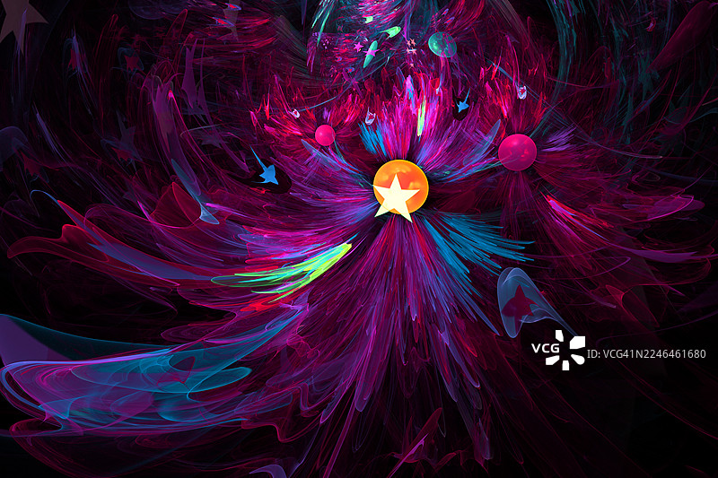 抽象宇宙大爆炸，背景为发光星核。生动的数字艺术作品，展示了能量的漩涡爆发，中心有一颗发光的恒星，周围环绕着多彩的分形光轨。图片素材