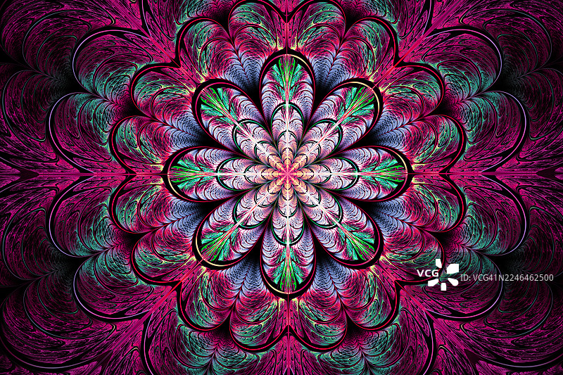 背景为色彩鲜艳的复杂分形花卉曼陀罗。对称的数字曼陀罗，带有粉色、绿色和紫色的分层花瓣状分形图案。图片素材