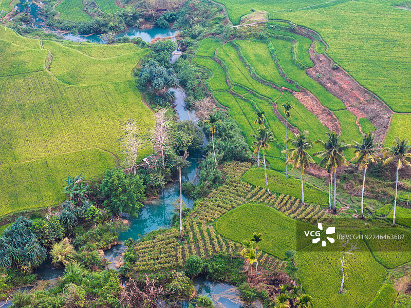 印度尼西亚松巴岛的壮丽航拍景色，展示了生机勃勃的绿色稻田和郁郁葱葱的风景，常笼罩在迷雾或壮丽的天空中。展示了 Wee Kacura 瀑布周围的农业美景和宁静的广阔景象。图片素材