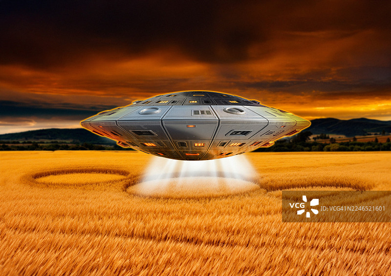 不明飞行物制造麦田怪圈，插画图片素材