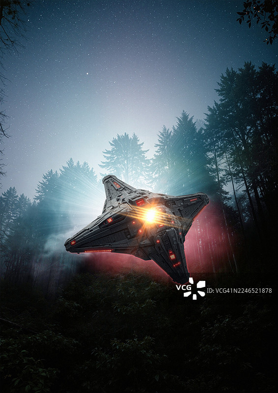 森林上空飞行的不明飞行物，插画图片素材