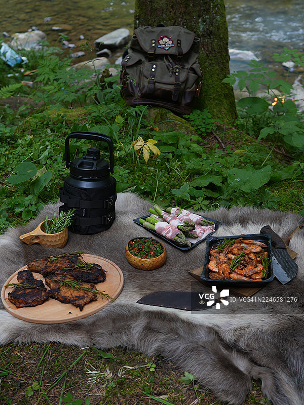 在森林溪流边，一张毛皮地毯上的野餐布置，俯瞰着烤肉、培根卷芦笋和其他食物图片素材