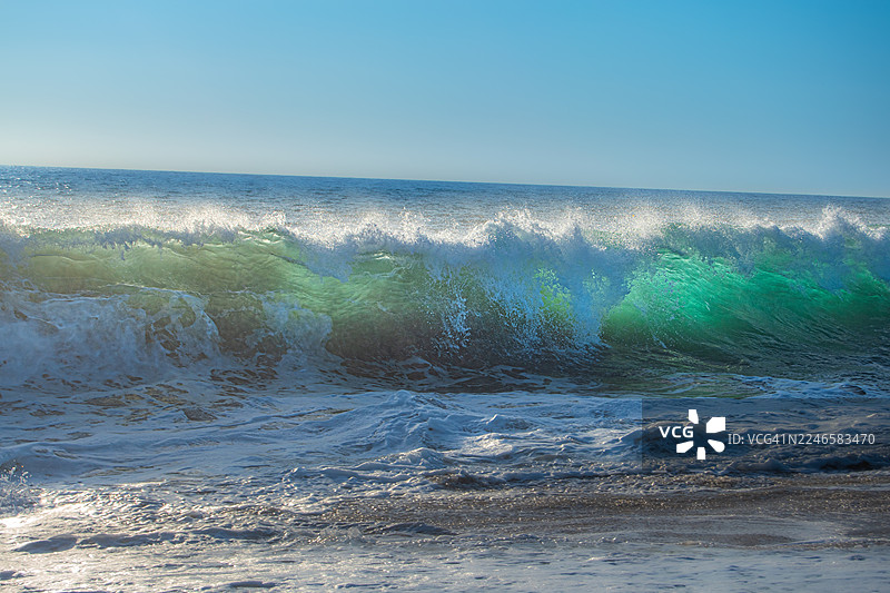 墨西哥埃尔佩斯卡德罗，碧空下的巨浪，海水呈现出鲜艳的绿松石和翠绿色图片素材