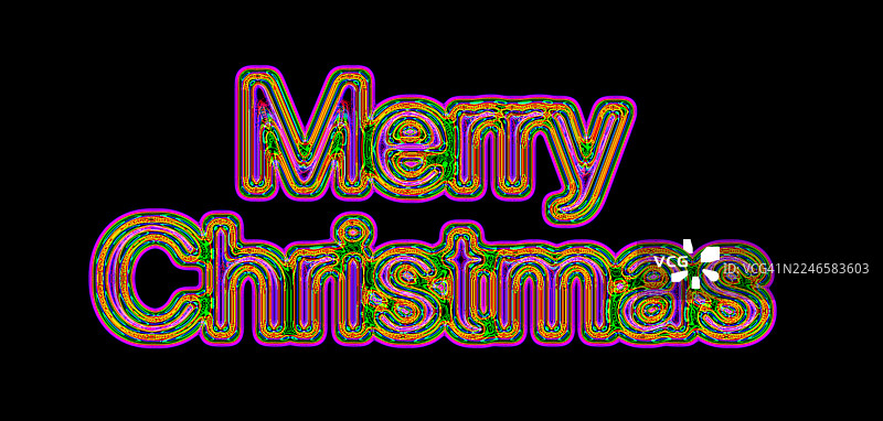 黑色背景上用鲜亮的黄色、绿色和粉色字母写着“圣诞快乐”图片素材