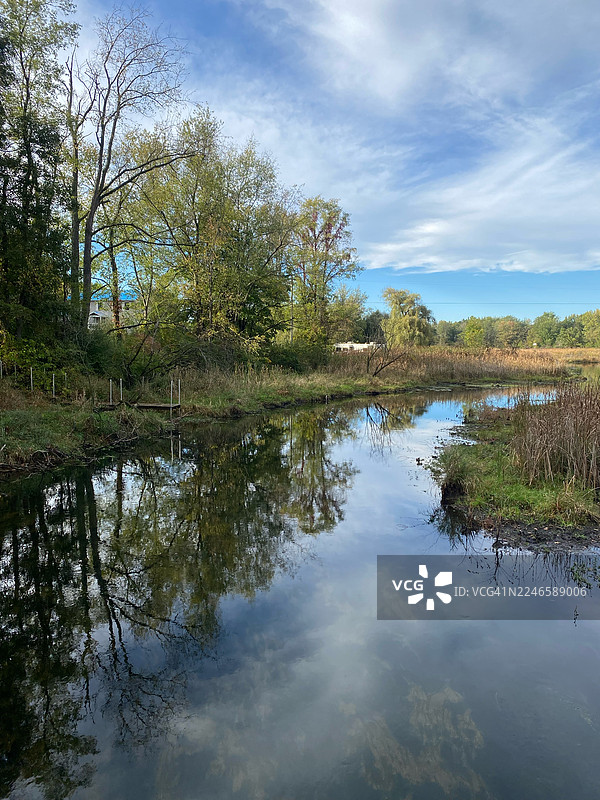 宁静的秋日风光，平静的湖面倒映着天空和周围的树木，美国，维克斯堡图片素材