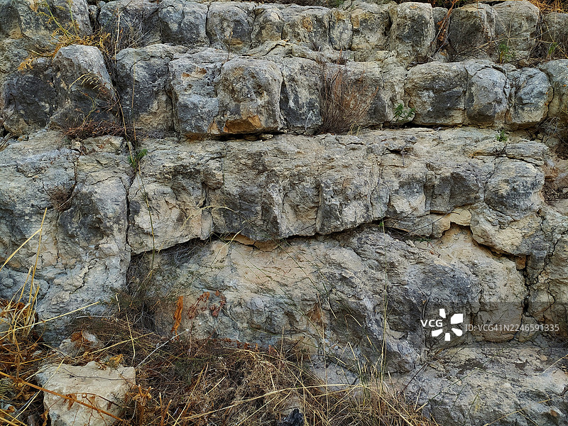 风化天然石墙与干枯植被的全画幅拍摄图片素材