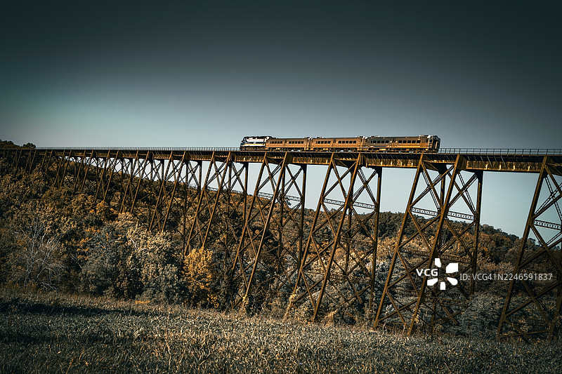 火车跨越山谷中的历史悠久的钢桁架铁路桥，低角度仰视，天空晴朗，地点：美国索尔兹伯里米尔斯，莫德纳高架桥图片素材
