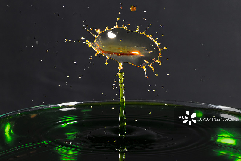 深色背景下水滴飞溅的动态特写，展现出充满活力的绿色和金色。图片素材