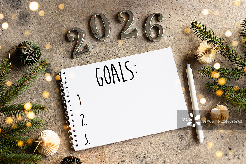 2026新年目标，配以圣诞装饰。俯视角度。平面布置图。图片素材