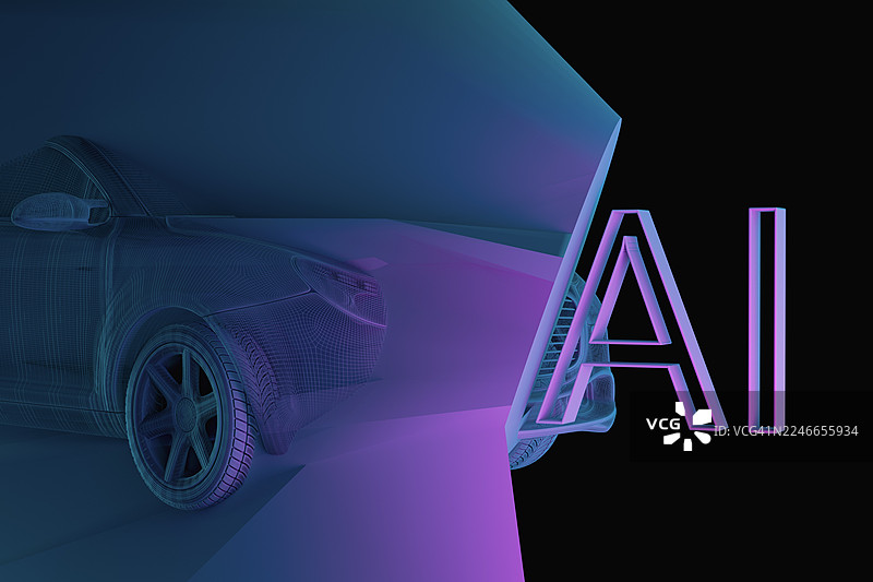 霓虹玻璃轮廓和数字渲染的未来人工智能汽车概念图片素材