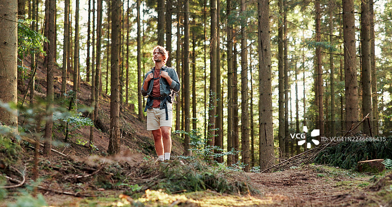 森林中的人与自然倒影，休息、观光或户外背包旅行。探索、放松，在林中思考、徒步旅行或度假，享受新鲜空气。图片素材