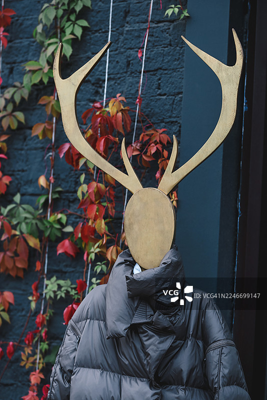 人与自然连接的概念。女性模特戴着工艺角，在秋季背景下穿着时尚。图片素材