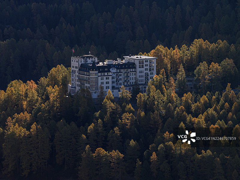 豪华酒店,酒店,落叶松林,秋季,秋色,晨光,晴朗,鸟瞰图,逆光,瓦尔德豪斯酒店,锡尔斯湖,恩加丁,瑞士图片素材