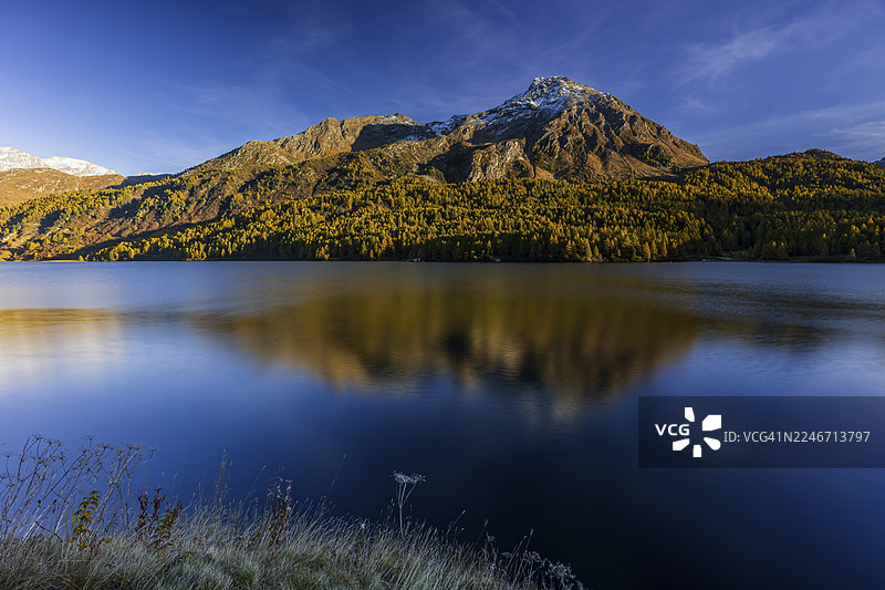 山峦倒映在湖水中，傍晚的光线，落叶松，秋季，秋色，锡尔斯湖，恩加丁，瑞士图片素材