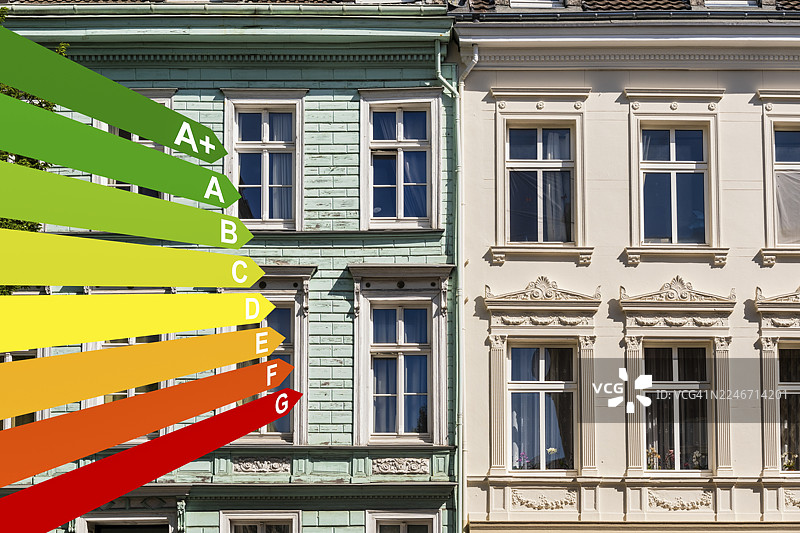 威廉时代的老建筑街道，根据德国《能源节约条例》(GEG)划分的建筑能效等级的图示，德国伍珀塔尔图片素材