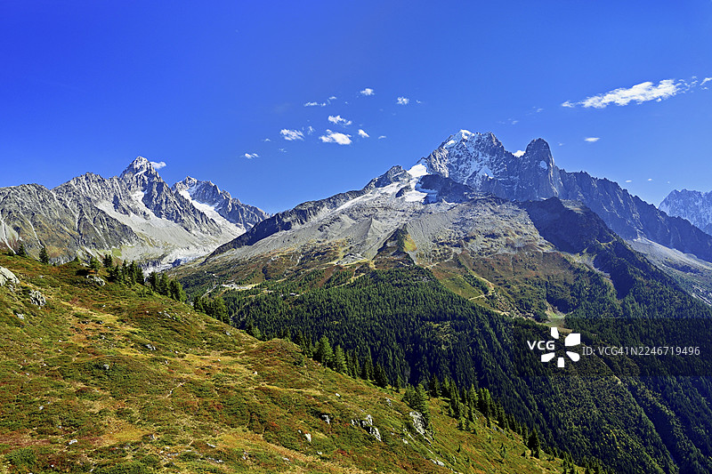 从左至右依次是夏多内峰、阿让蒂耶尔冰川前麓、白雪覆盖的维尔特峰、德鲁峰、霞慕尼勃朗峰、上萨瓦省、法国图片素材