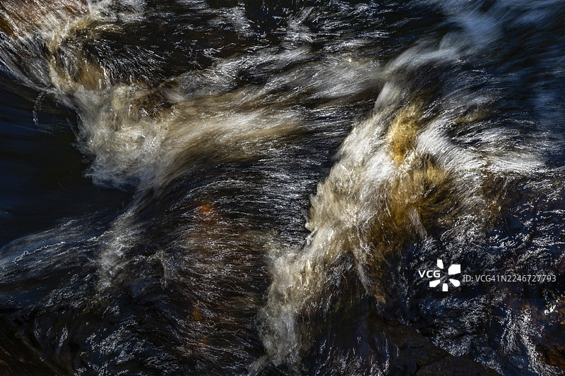 瑞典，长曝光拍摄的溪流，水流黑暗，带有倒影和湍流图片素材