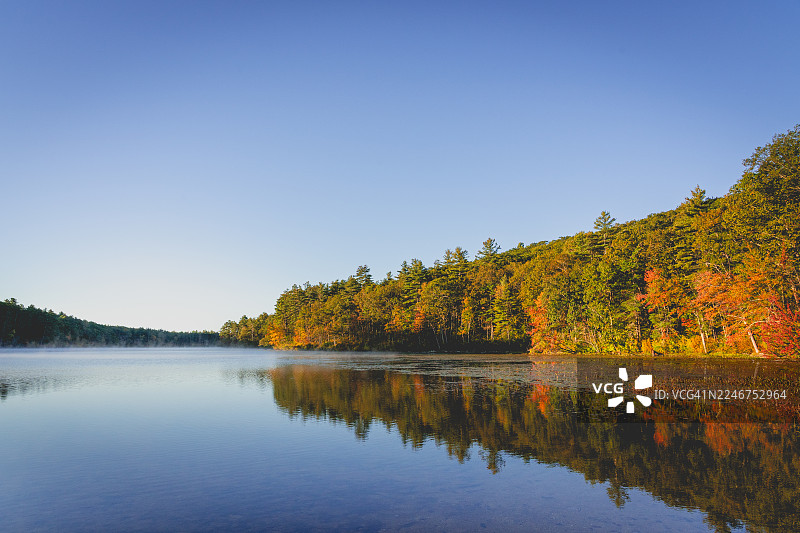 美国佛蒙特州拉特兰州立公园，宁静的湖面倒映着秋日绚烂的树木，天空湛蓝，景色优美图片素材