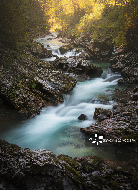 阳光穿透葱郁森林中的林间树木，一条美丽的绿松石色河流穿过岩石峡谷的长曝光镜头，斯洛文尼亚戈里耶，文特加峡谷图片素材