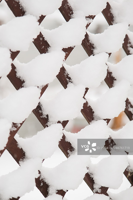 冬日里，雪覆盖的土地的全景镜头，展示了被新鲜白雪覆盖的格子栅栏图片素材