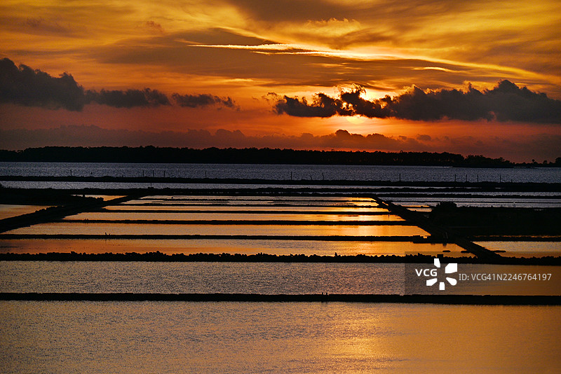 夕阳下，意大利马尔萨拉的盐田倒映着橙色的天空，景色优美图片素材