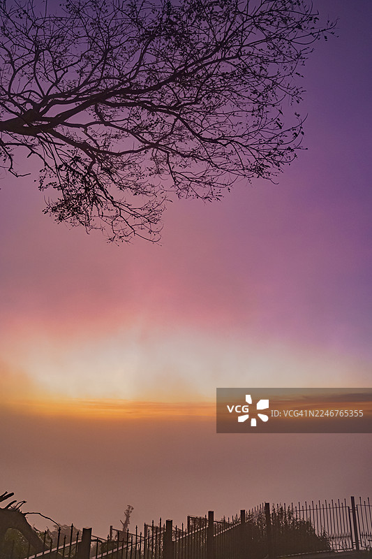 印度奇卡巴拉普尔南迪山，地平线上有栅栏，背景是色彩鲜艳的日落天空下的树木剪影图片素材