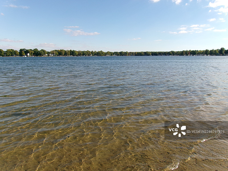 宁静湖泊的风景，清澈的水面倒映着天空和远处的岸边树木，美国波特奇图片素材