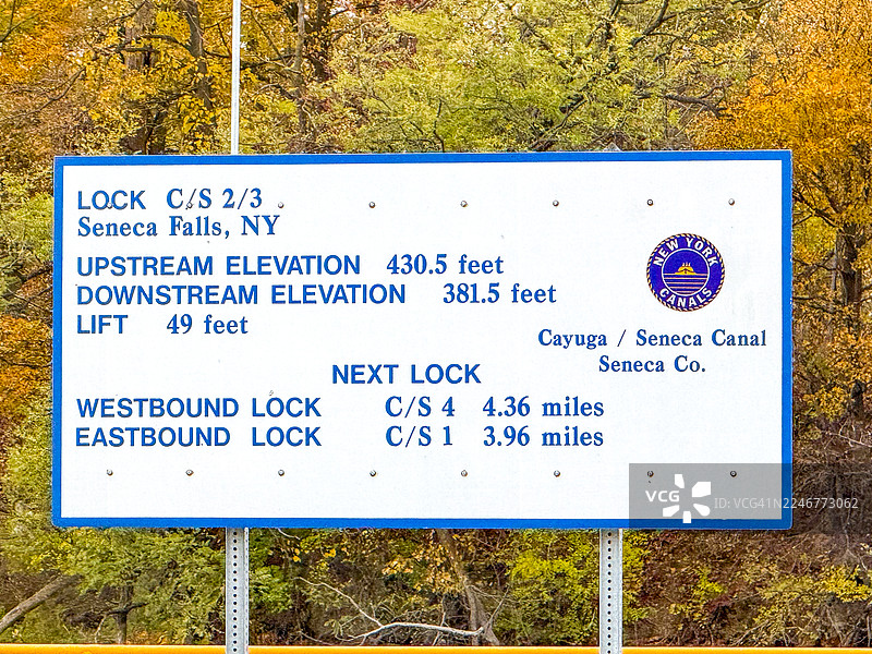 纽约州塞内卡福尔斯卡尤加-塞内卡运河船闸处的指示牌图片素材