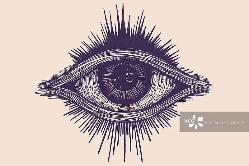 背景为米色的单只紫色眼睛的绘画。神谕。神秘主义。预言。全知之眼。图片素材