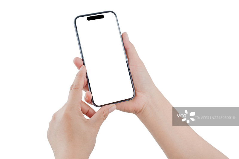 女子手掌托着手机空白屏幕，展示产品，工作室拍摄，孤立在白色背景上。图片素材