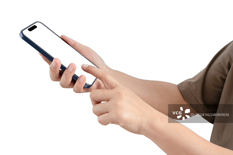 女性手持设备并触摸屏幕的样机图片素材
