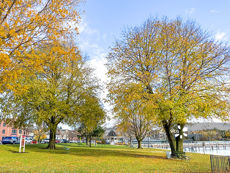 纽约斯卡尼阿特勒斯湖畔公共公园里的秋日美国国旗图片素材