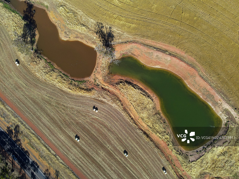 澳大利亚西部诺斯丹达鲁普附近，近期收割的麦田，内有农场水塘和圆形草垛图片素材