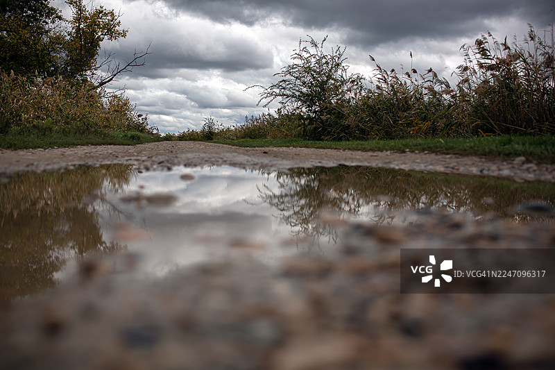 路面水坑中天空的倒影图片素材