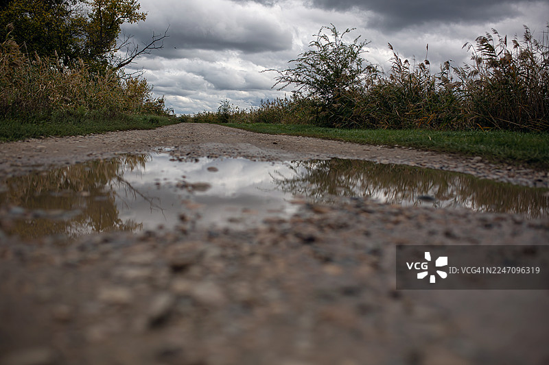 路面积水倒映着天空的景象。图片素材