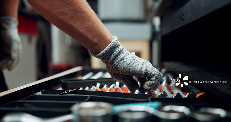 专业技工、工程师和工具箱在车库中选择，用于改造或修复行业。工作坊、维修和修理工使用扳手进行维护、生产和DIY项目设备。图片素材