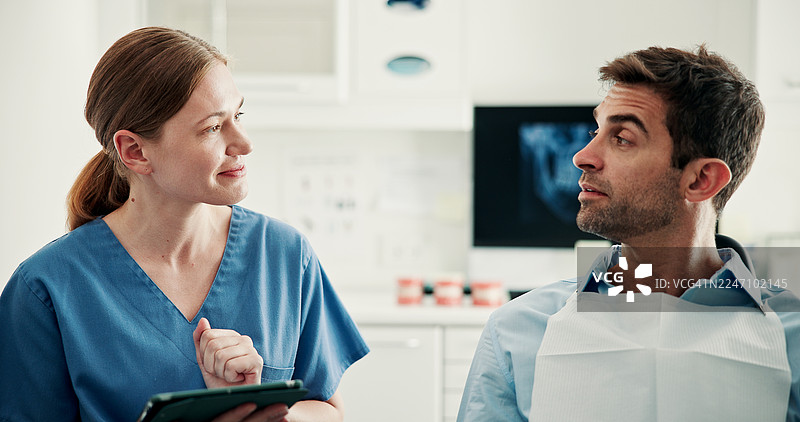 牙科诊所咨询，医生与患者讨论治疗方案，包括X光片，并提供医疗建议。这是正畸科的预约，患者可在诊所查看数字化的检查结果。图片素材