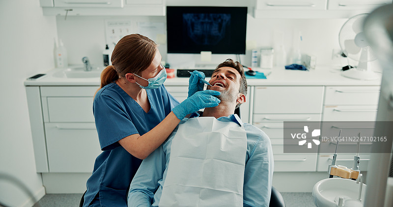 牙医、男性和牙齿健康工具，进行牙齿检查或口腔健康检查，包括蛀牙检查。诊所中的设备、正畸以及女性与患者一起进行口腔卫生、牙龈护理和医疗程序。图片素材