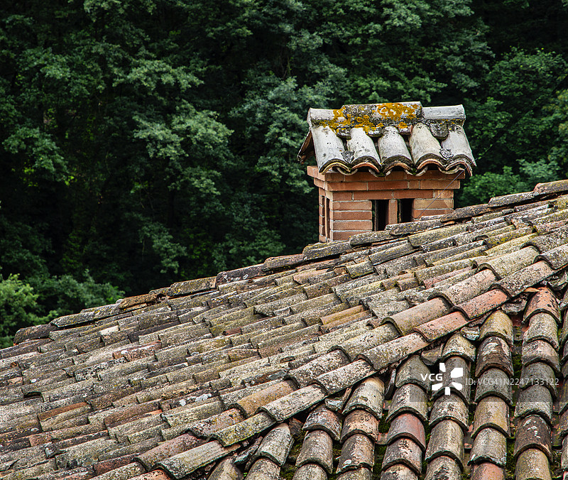 一个典型的砖砌烟囱坐落在完美对称的屋顶瓦片上。背景是绿色的树木。皮埃蒙特。图片素材